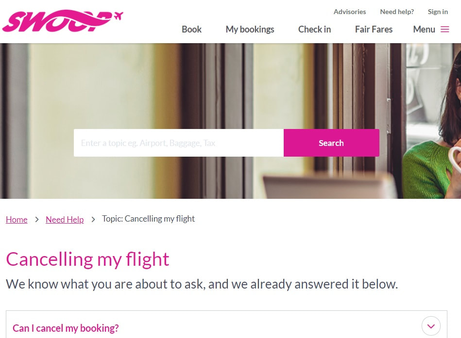 Swoop Booking Cancellation Page